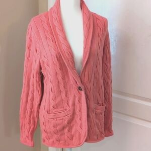 Talbots Salmon Pink One Button Shawl Collar Cardigan. Cable Knit. Large.